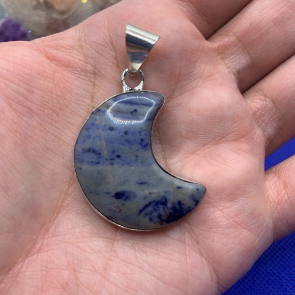 Beautiful Blue Moon Sodalite Crescent Moon Pendant w Chain, Handmade - Picture 11 of 15
